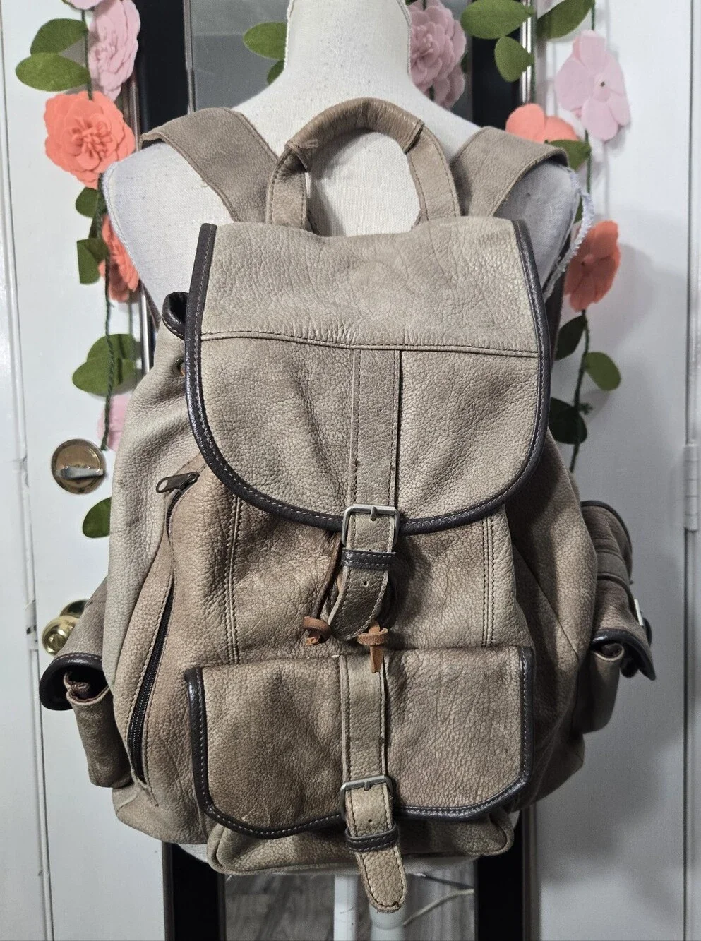 Vintage Light Brown Leather Cowhide Knapsack Backpack For Men